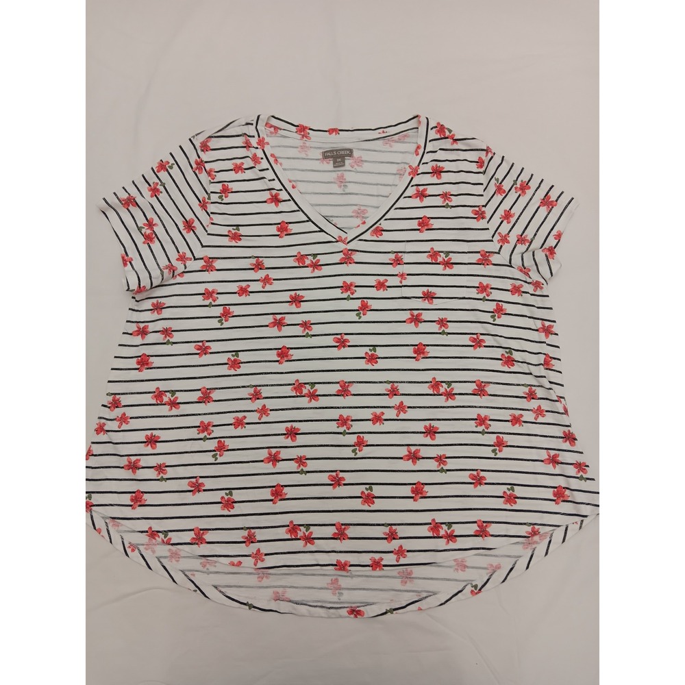 Falls Creek Womens Plus Size 2X Striped Floral V Neck Short Sleeve Tee Shirt Top